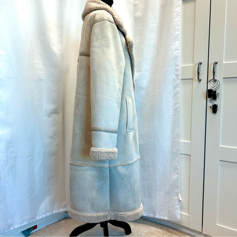 American Eagle double-breasted Vegan faux shearling coat light beige cream Sz L - Picture 5 of 14
